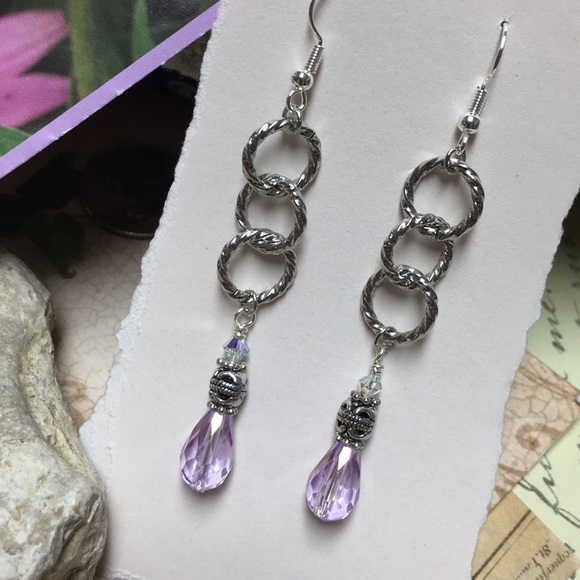 Long pastel lavender & silver rope hoops earrings - Picture 3 of 6